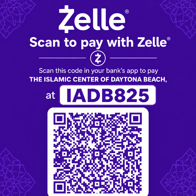 Zelle payment code for the Islamic Center of Daytona Beach — scan in your banking app to pay the Zelle tag IADB825